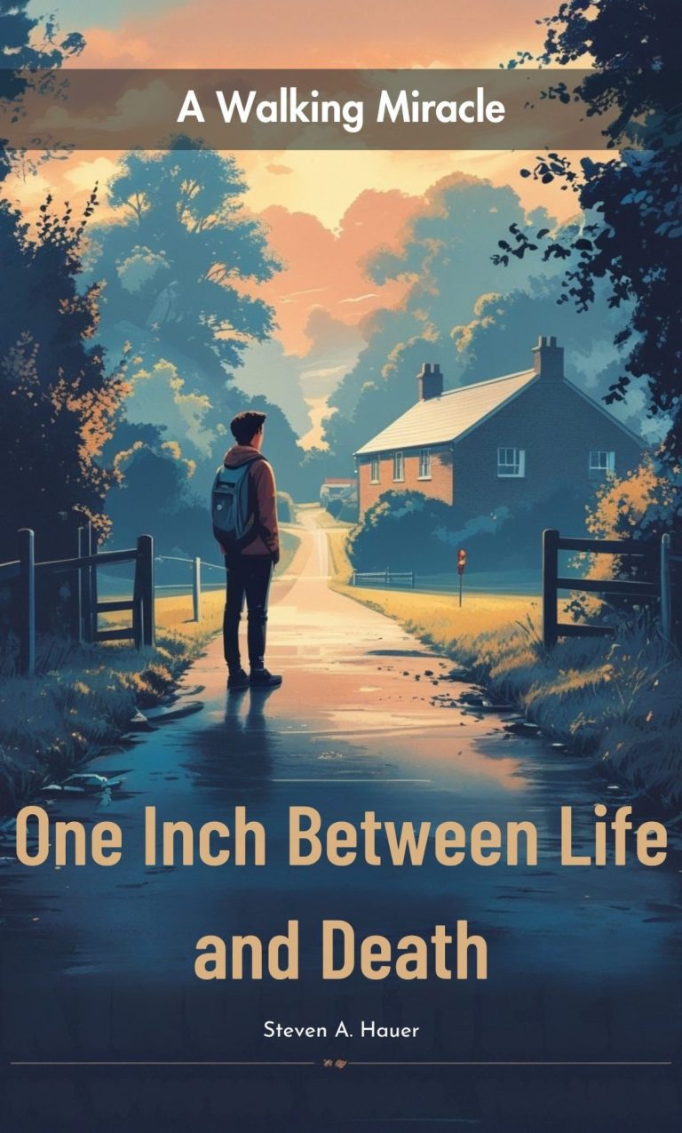 A young person stands on a path near a house, with trees lining the route and a sunset ambiance.